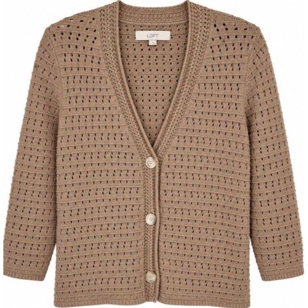 LOFT Women’s L Taupe Crochet Open Knit Cardigan Button Front Lightweight Fall